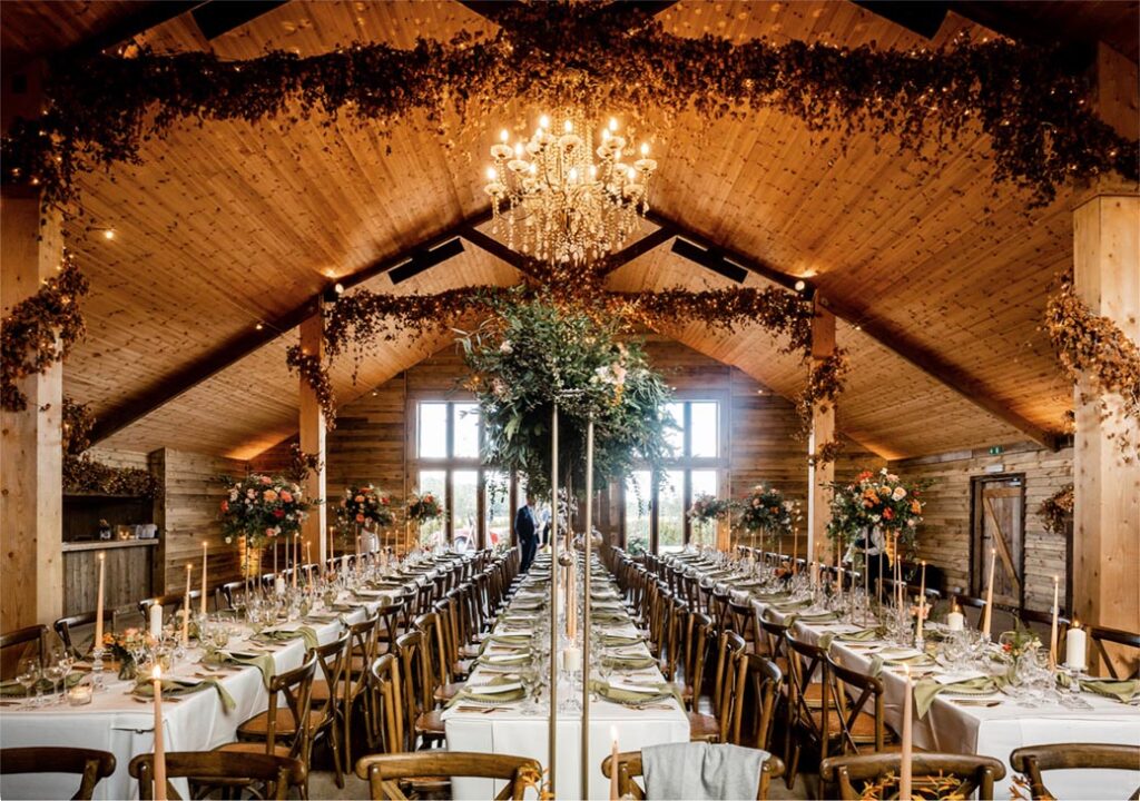 High Billinghurst Farm Interior set for a wedding meal.